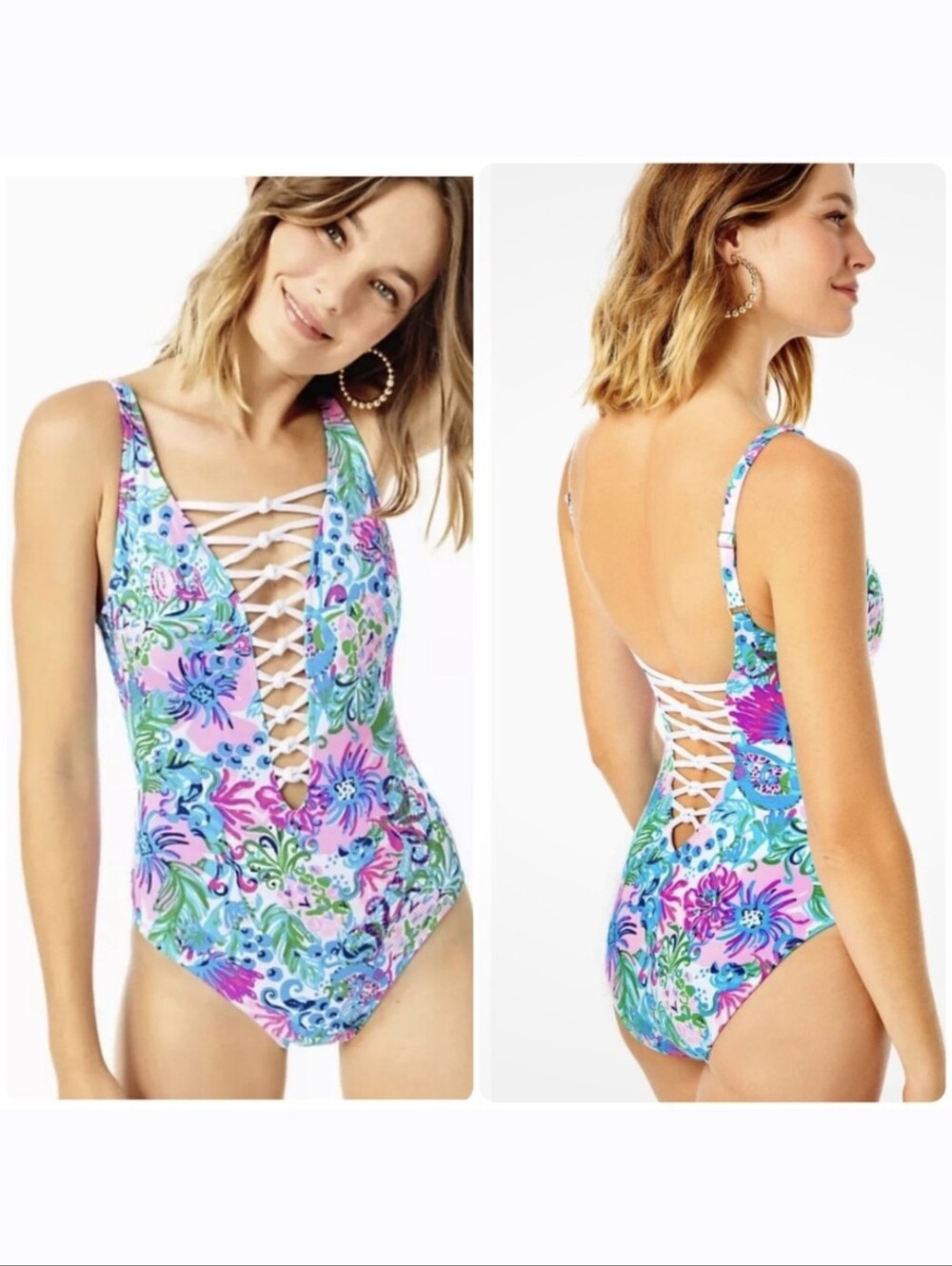 🌸Lilly Pulitzer Isle Lattice One Piece Swimsuit Mandevilla Baby Paradise Petals